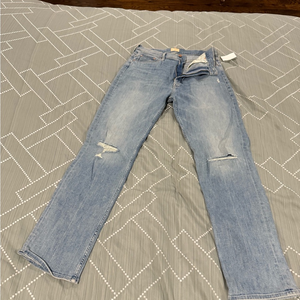 MOTHER Blue Straight Jeans with Distressed Details high waisted Rider Skimp